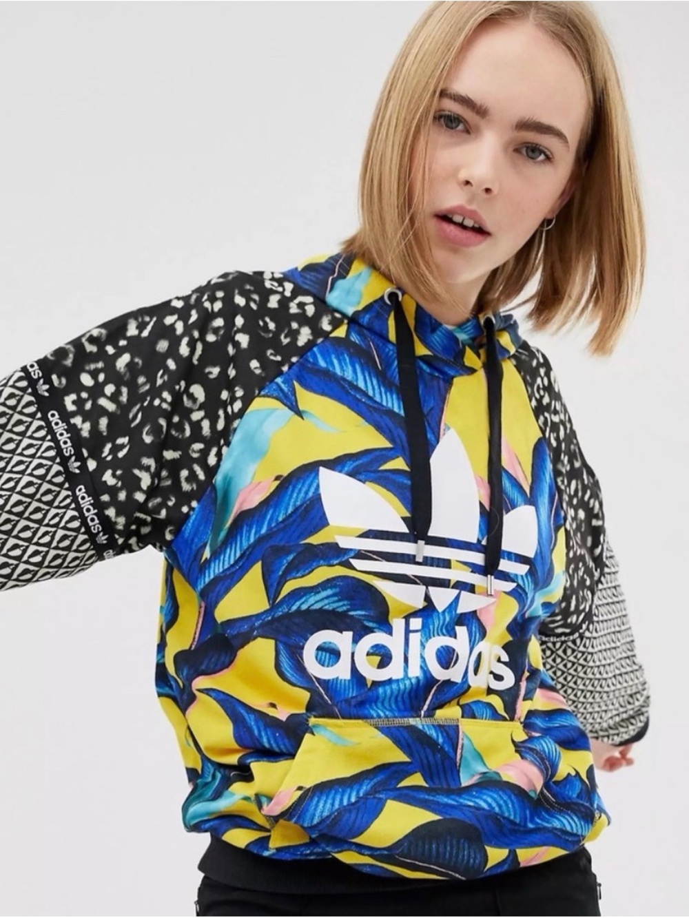 Rare adidas Yellow Hoodie with Blue Tropical Print and Black Patterned Sleeves